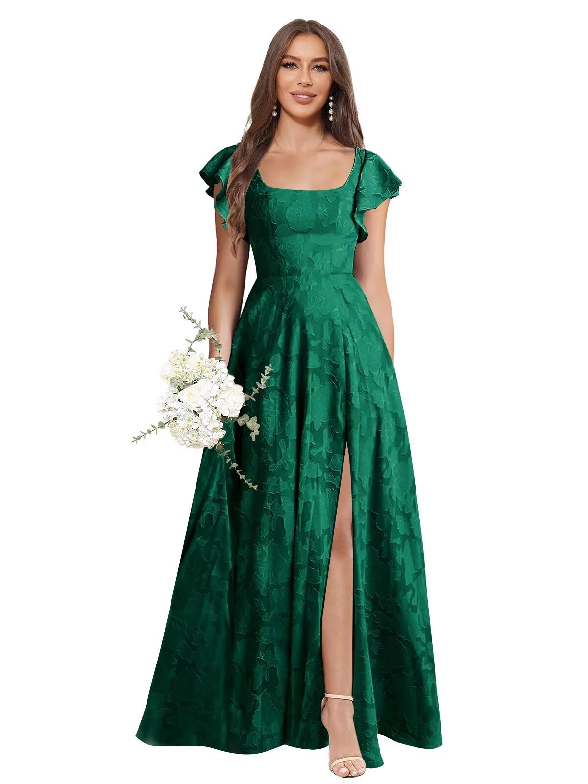 Floral Bridesmaid Dresses for Women Long A-Line Square Neck Lace Formal Evening Gown with Sleeves Slit