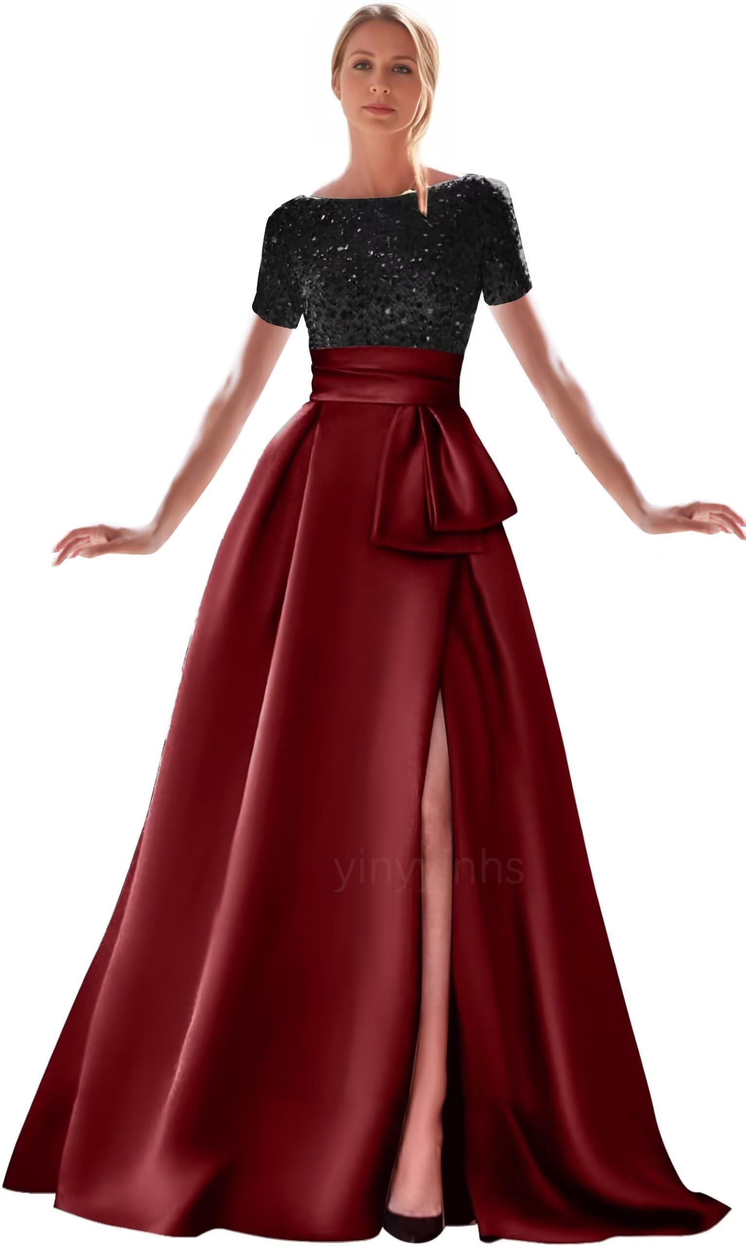Kingbridal Gowns Short Sleeve Sequin Prom Dresses for Women 2026 Satin A-Line Sparkly Formal Evening Party Ball Gowns with Slit