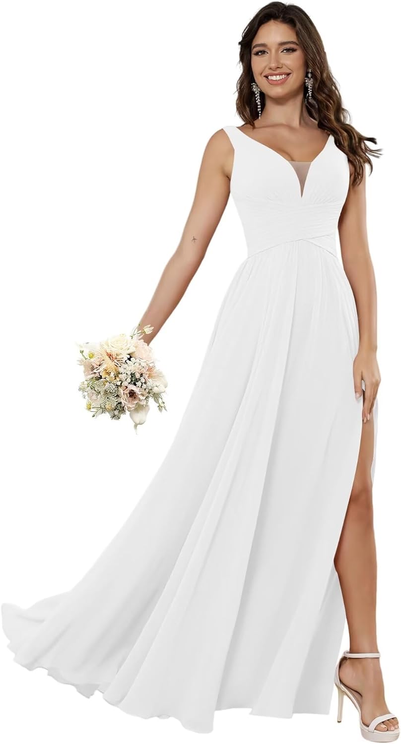 Vestidos de dama de honor sencillos de gasa para mujer con bolsillos, vestidos formales largos con escote en V y abertura 