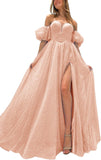 Tulle Prom Dresses for Women 2027 Sparkly Puffy Sleeves Long Ball Gowns with Slit A-Line Evening Dresses