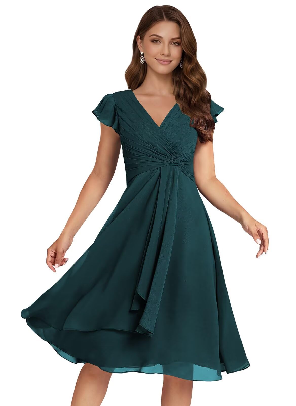 Short Chiffon Bridesmaid Dresses for Women V Neck Flutter Sleeves Ruffle Formal Cocktail Gowns with Pockets