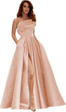 Women's One Shoulder Prom Dresses Long Satin Side Slit Formal Evening Gowns with Pockets