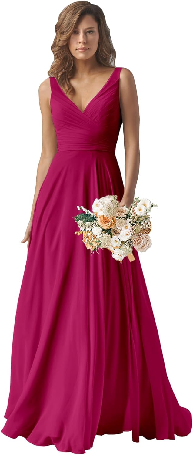 Chiffon Bridesmaid Dresses Long for Women A Line Ruched Formal Porm Evening Gowns