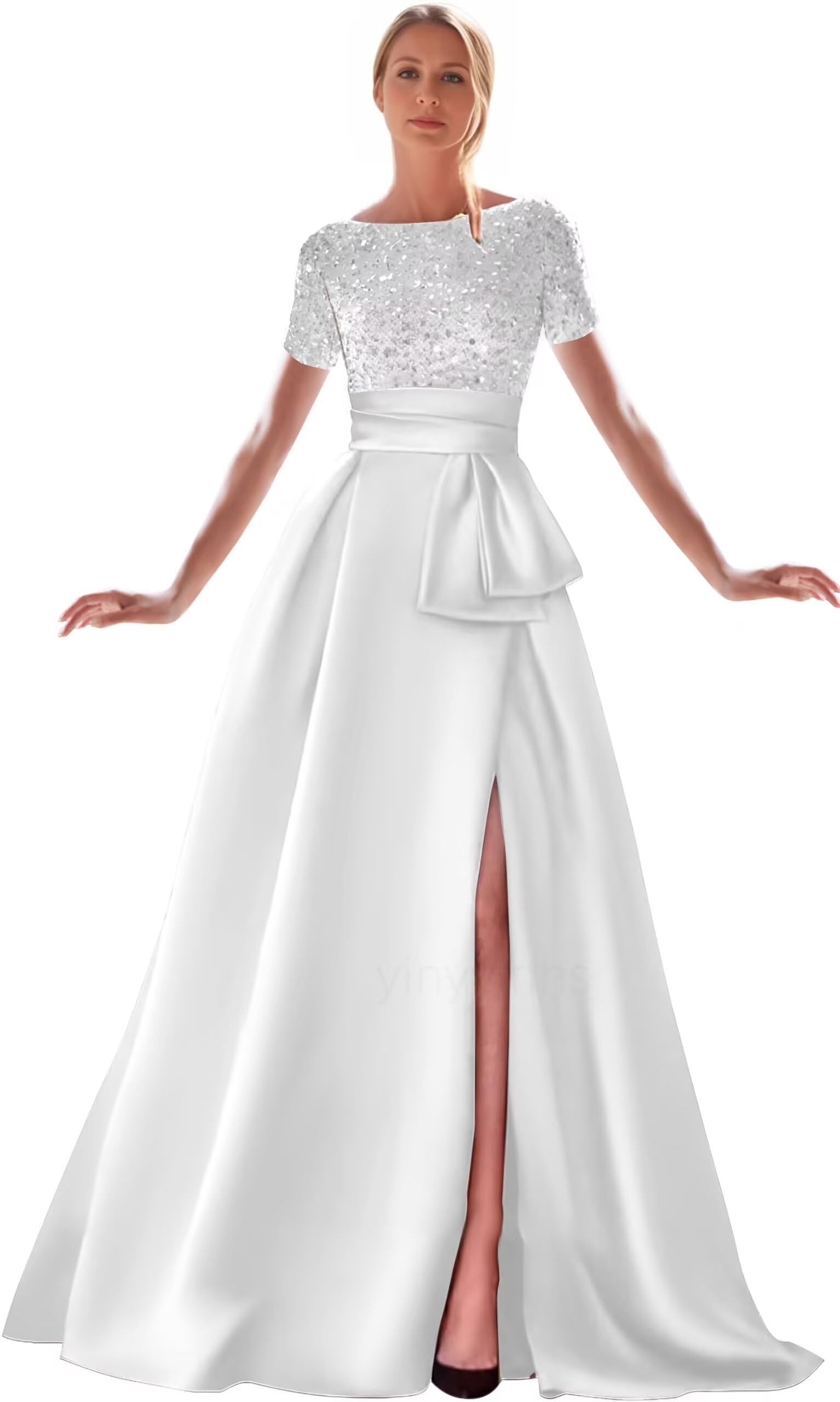 Kingbridal Gowns Short Sleeve Sequin Prom Dresses for Women 2026 Satin A-Line Sparkly Formal Evening Party Ball Gowns with Slit