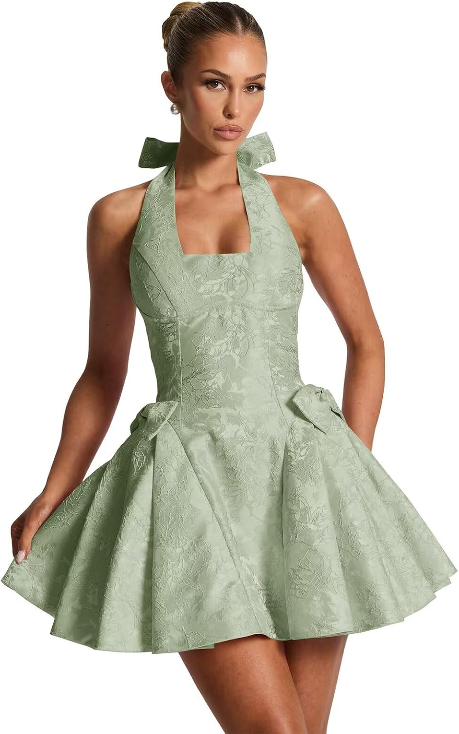 Satin Jacquard Halter Homecoming Dresses with Bow for Teens Mini A-Line Puffy Cocktail Corset Evening Party Gown