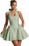 Satin Jacquard Halter Homecoming Dresses with Bow for Teens Mini A-Line Puffy Cocktail Corset Evening Party Gown