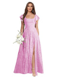 Floral Bridesmaid Dresses for Women Long A-Line Square Neck Lace Formal Evening Gown with Sleeves Slit
