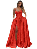 Satin Spaghetti Straps Prom Dresses for Women Jacquard Aline Backless Formal Evening Party Ball Gowns with Pockets