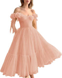 Dotted Tulle Off Shoulder Prom Dress for Women Sweetheart Midi Puffy Formal Party Gowns
