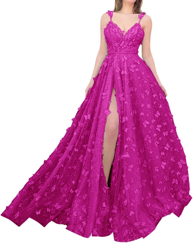 Sparkly Prom Dresses for Teens 2027 3D Butterfly Tulle Spaghetti Straps Long Slit Backless Party Gowns