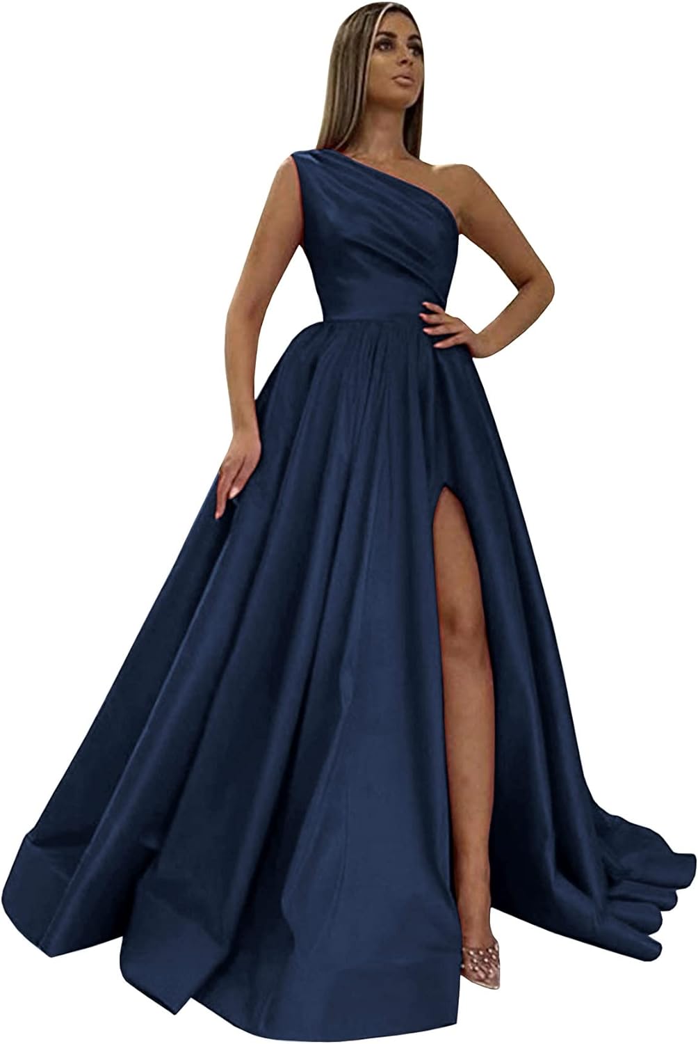 Women's One Shoulder Prom Dresses 2026 Long Slit Satin Formal Evening Gowns with Pockets