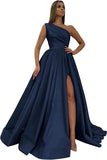 Women's One Shoulder Prom Dresses 2026 Long Slit Satin Formal Evening Gowns with Pockets