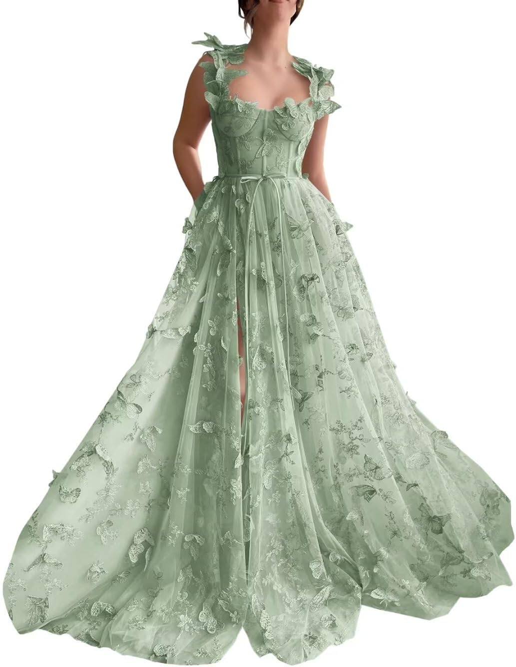 Vestidos de fiesta largos de tul con mariposas 3D para adolescentes, vestidos de fiesta formales de noche bordados con abertura 