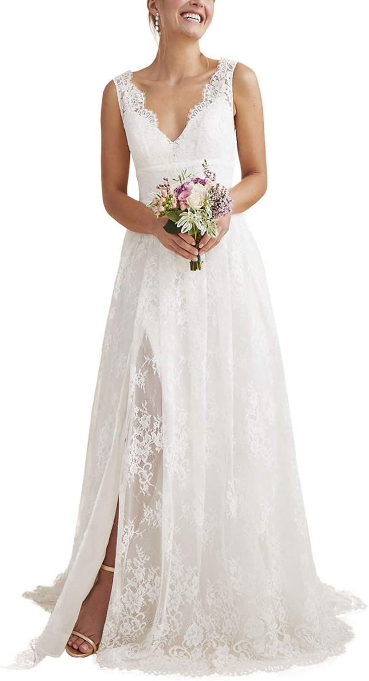 Vestidos de novia bohemios de encaje de manga larga para playa 2026 