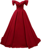 Off Shoulder Satin Prom Dresses for Women V-Neck Elegant A-Line Long Pleated Formal Evening Gown
