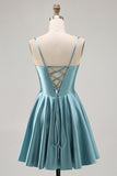 Spaghetti Straps Satin Homecoming Dresses for Teens Ruched Corset Short Prom Dresses 2026