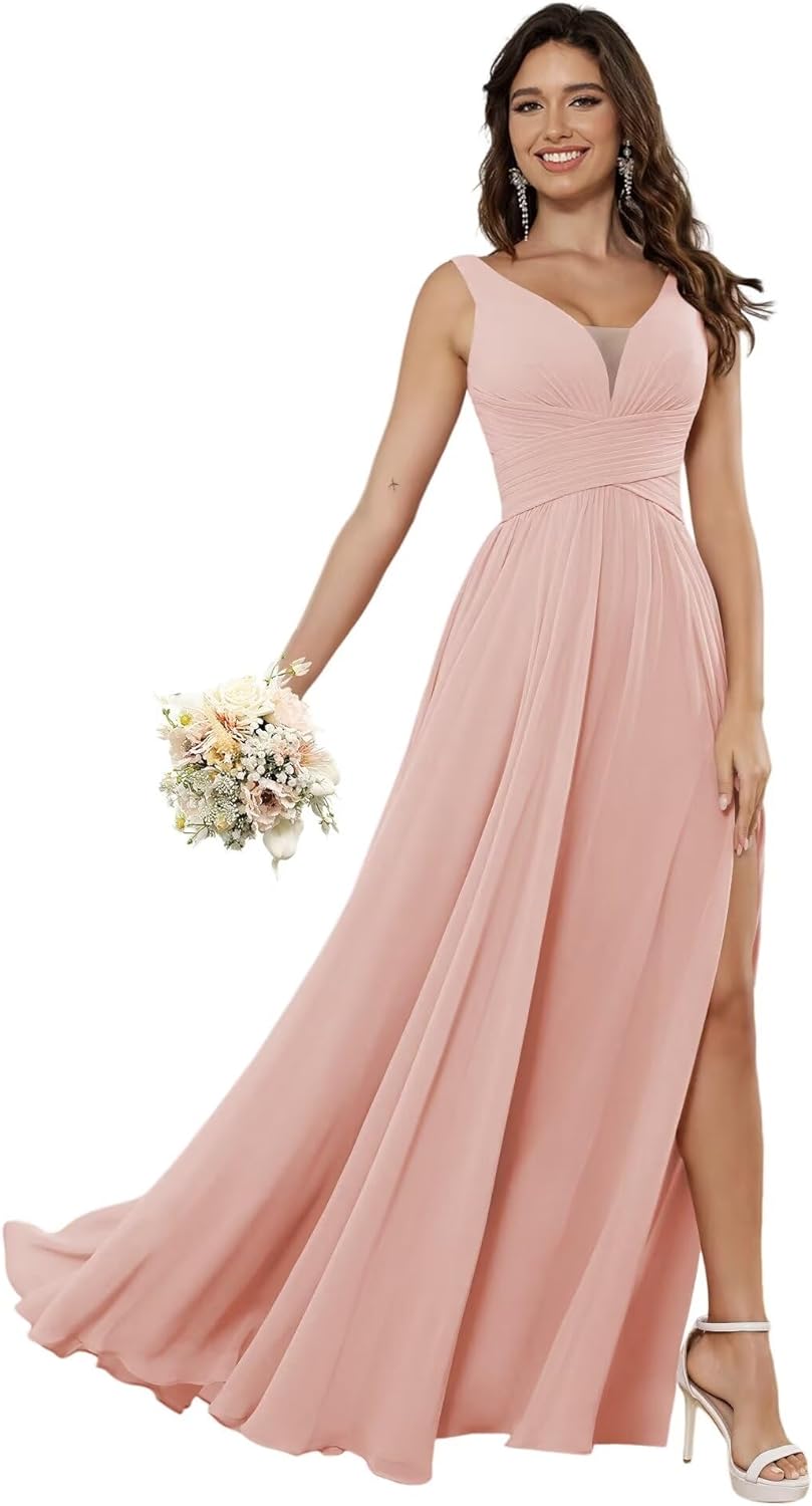 Vestidos de dama de honor sencillos de gasa para mujer con bolsillos, vestidos formales largos con escote en V y abertura 