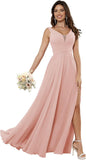 Vestidos de dama de honor sencillos de gasa para mujer con bolsillos, vestidos formales largos con escote en V y abertura 
