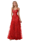 Spaghetti Strap Sparkly Prom Dress for Women Long Tulle Formal Dress Laces Evening Party Gown