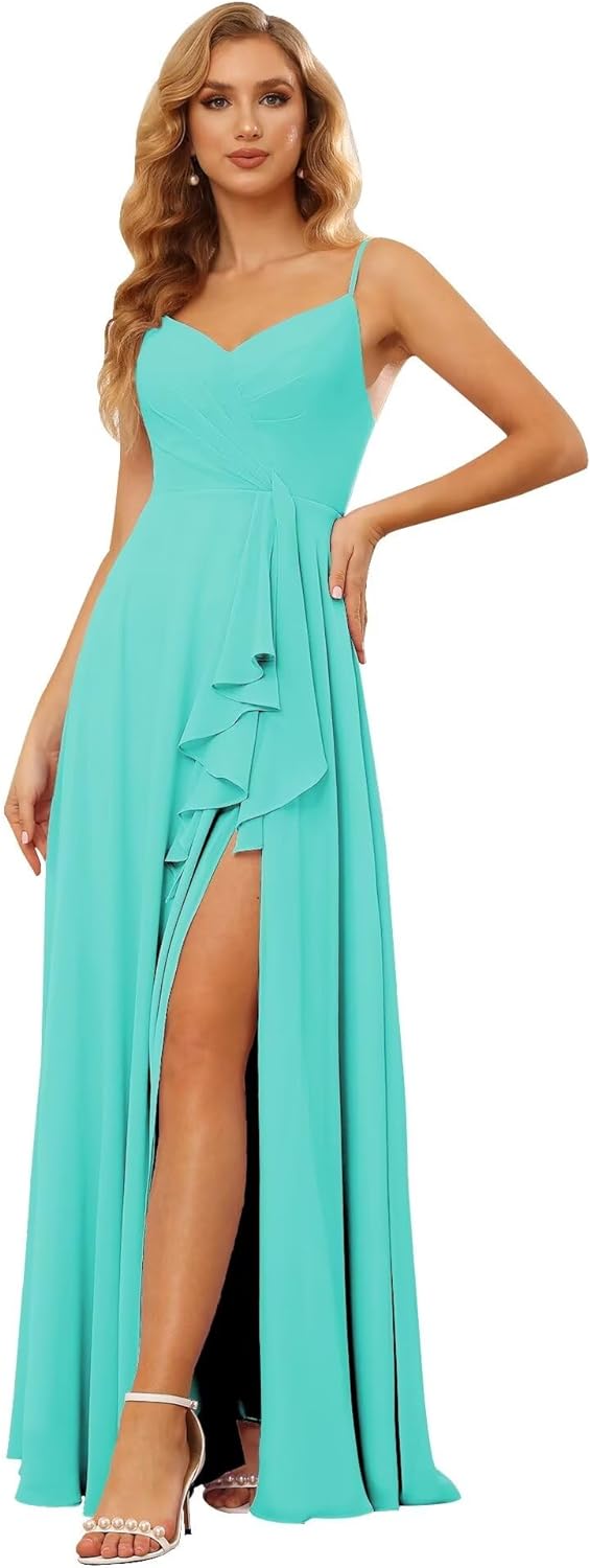 Vestidos de dama de honor largos de gasa con tirantes finos y bolsillos, vestidos formales con volantes y abertura para mujer 