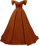 Off Shoulder Satin Prom Dresses for Women V-Neck Elegant A-Line Long Pleated Formal Evening Gown