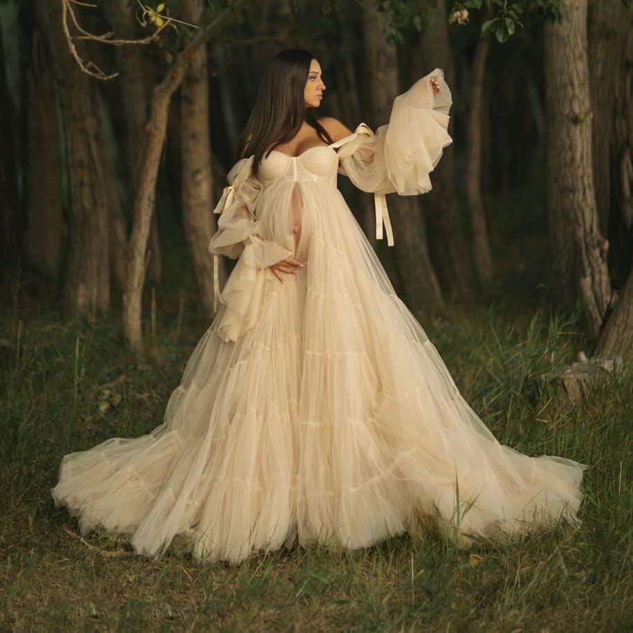 Womens Tulle Robe Maternity Dress for Photoshoot Off Shoulder Bridal Lingerie Maternity Gowns for Babyshower