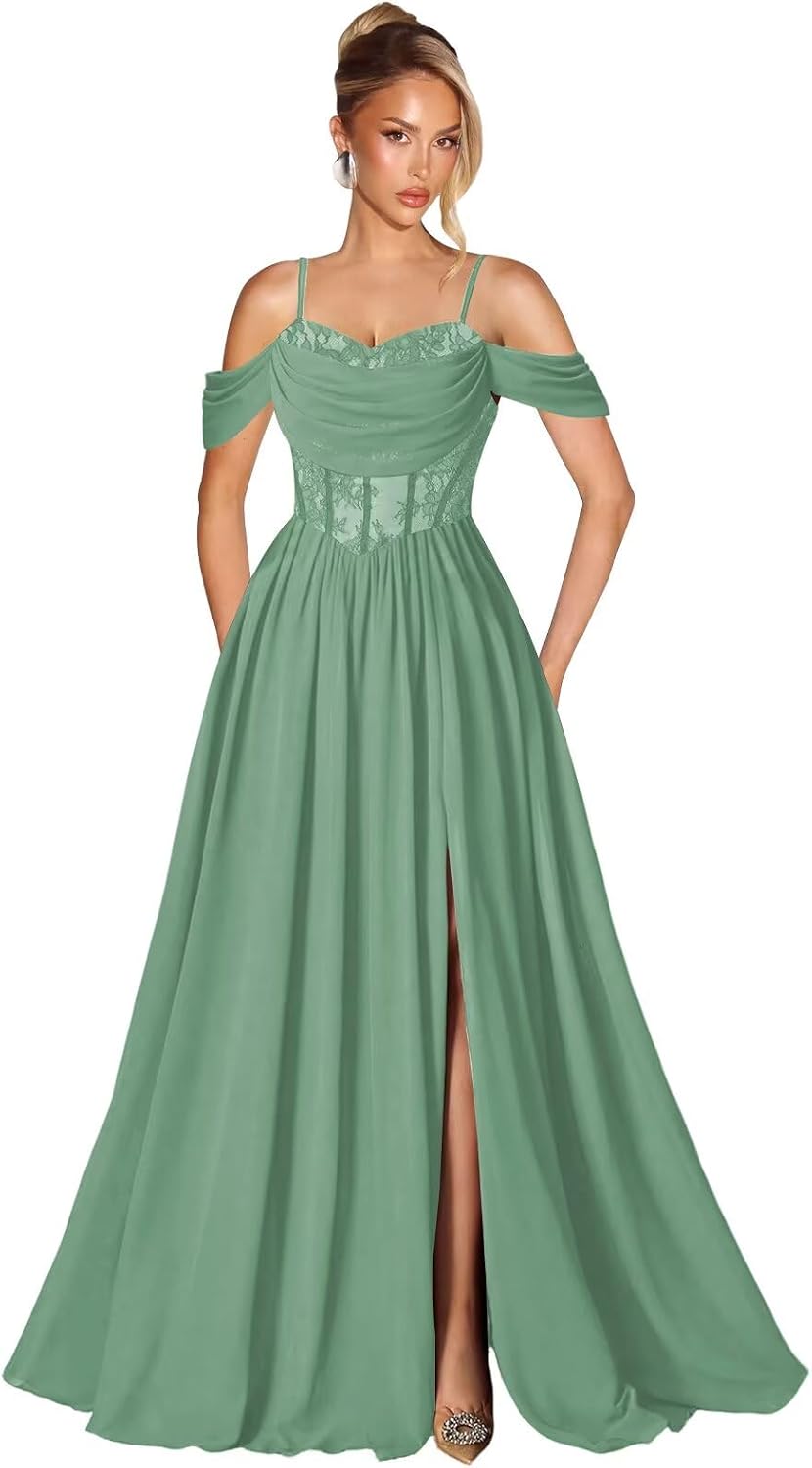 Off Shoulder Lace Applique Prom Dress with Slit A Line Ball Gown Pleated Corset Long Formal Evening Dresses