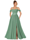 Off Shoulder Lace Applique Prom Dress with Slit A Line Ball Gown Pleated Corset Long Formal Evening Dresses