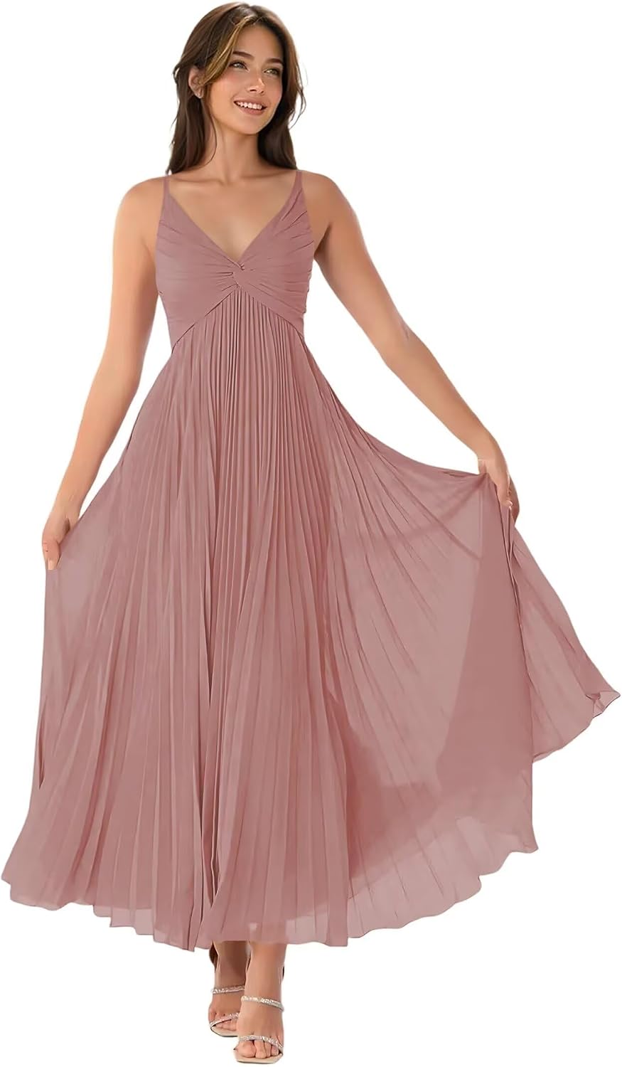 V-Neck Pleated Bridesmaid Dresses for Women Chiffon Spaghetti Straps Pleates Long Formal Wedding Guest Dress