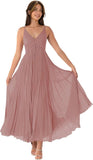 V-Neck Pleated Bridesmaid Dresses for Women Chiffon Spaghetti Straps Pleates Long Formal Wedding Guest Dress