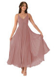 V-Neck Pleated Bridesmaid Dresses for Women Chiffon Spaghetti Straps Pleates Long Formal Wedding Guest Dress