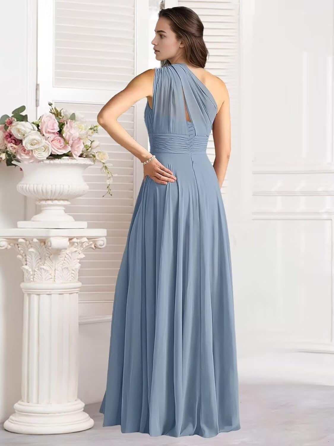 One Shoulder Bridesmaid Dresses for Women Chiffon A Line Pleated Long Formal Gowns with Pockets