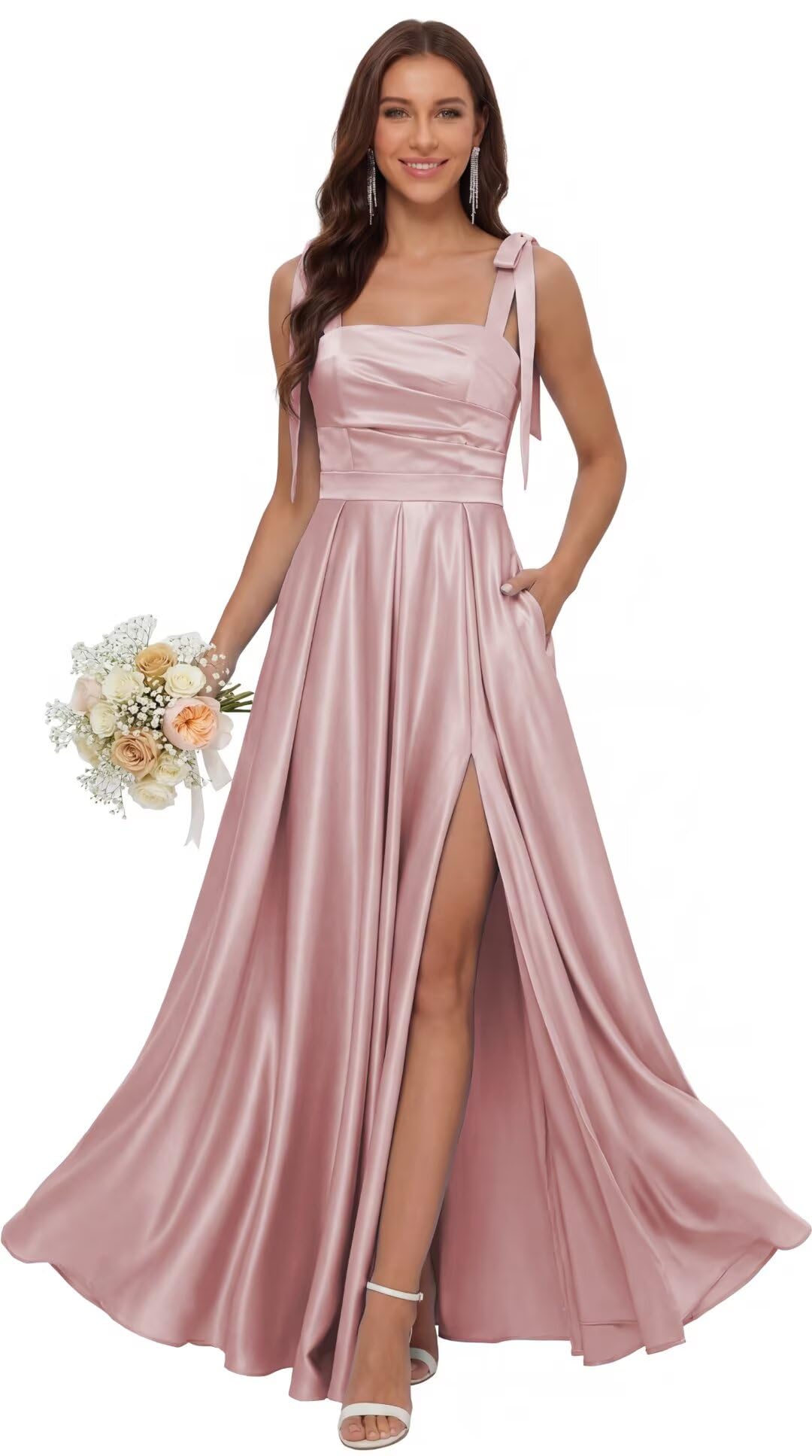 Satin Bridesmaid Dresses with Slit Spaghetti Straps Square Neck Long Formal Dress