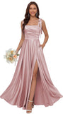 Satin Bridesmaid Dresses with Slit Spaghetti Straps Square Neck Long Formal Dress