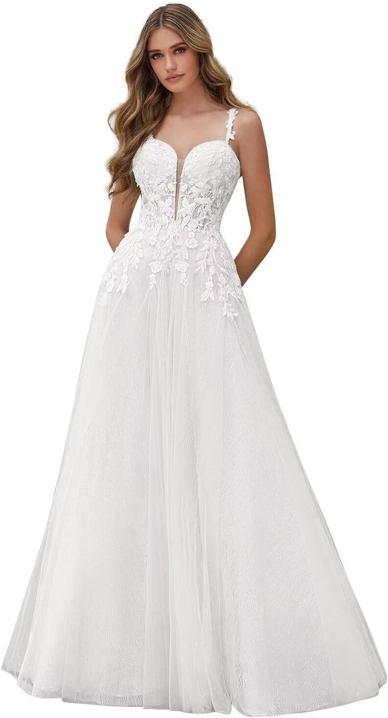 Kingbridal Gowns Lace Appliques Wedding Dresses for Bride Long V Neck Tulle Chiffon A-line Sleeveless Bridal Ball Gown for Women