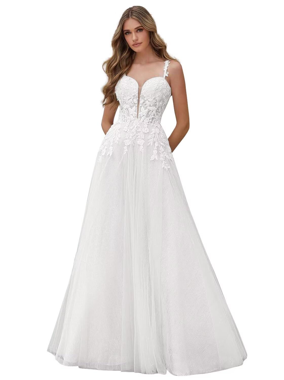 Kingbridal Gowns Lace Appliques Wedding Dresses for Bride Long V Neck Tulle Chiffon A-line Sleeveless Bridal Ball Gown for Women