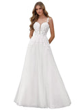 Kingbridal Gowns Lace Appliques Wedding Dresses for Bride Long V Neck Tulle Chiffon A-line Sleeveless Bridal Ball Gown for Women