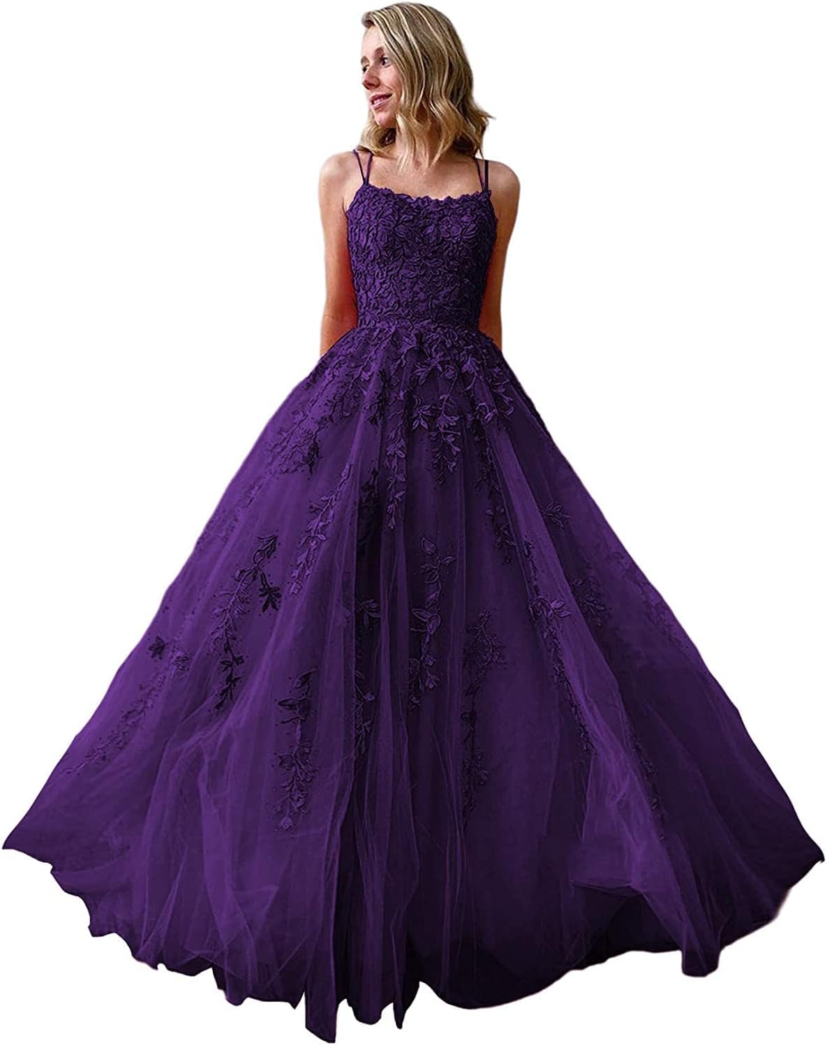 Ballkleider, langes Ballkleid für Damen, Spaghettiträger, Tüll, A-Linie, sexy, rückenfrei, formelle Partykleider mit Taschen 