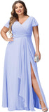 Vestidos de dama de honor de talla grande con mangas con volantes y bolsillos, vestido formal largo con escote en V y abertura. 