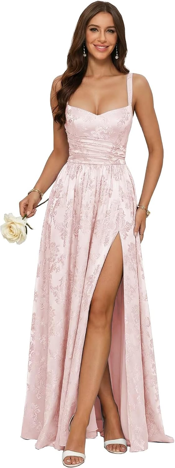 Jacquard Satin Prom Dresses with Slit Spaghetti Straps A Line Maxi Long Formal Dress