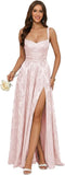 Jacquard Satin Prom Dresses with Slit Spaghetti Straps A Line Maxi Long Formal Dress