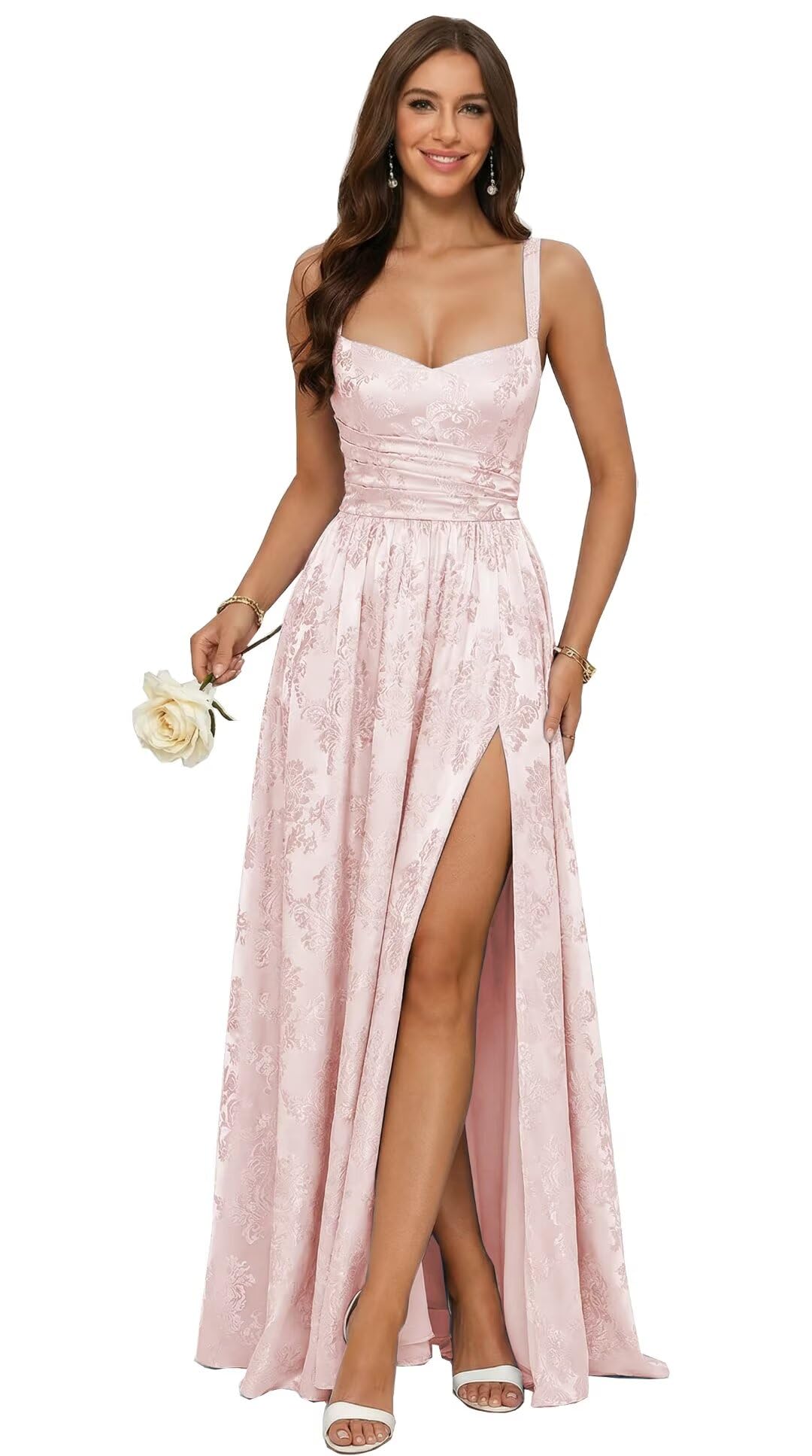 Jacquard Satin Prom Dresses with Slit Spaghetti Straps A Line Maxi Long Formal Dress