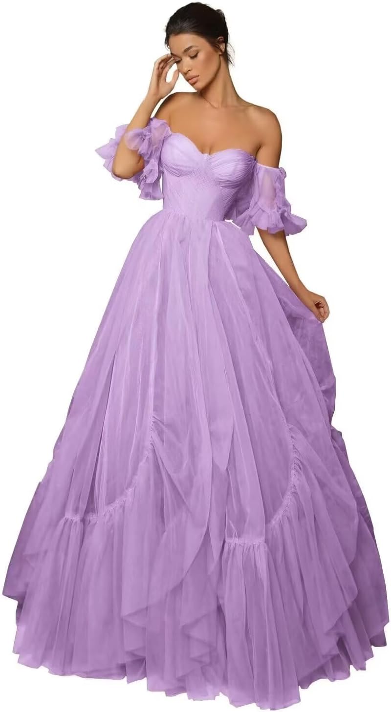 A-line Ruffled Short Sleeve Tulle Prom Dress for Women, Sweetheart Formal Gown Off The Shoulder Long Party Dress