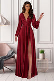 Kingbridal Gowns Long Sleeve Satin Bridesmaid Dresses for Women Long A-Line V-Neck Pleated Formal Evening Party Ball Gown with Slit