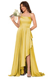 Women's Long Satin Bridesmaid Dresses Spaghetti Strap Halter Formal Evening Gown Ruffle High Low Wedding Guest Dress