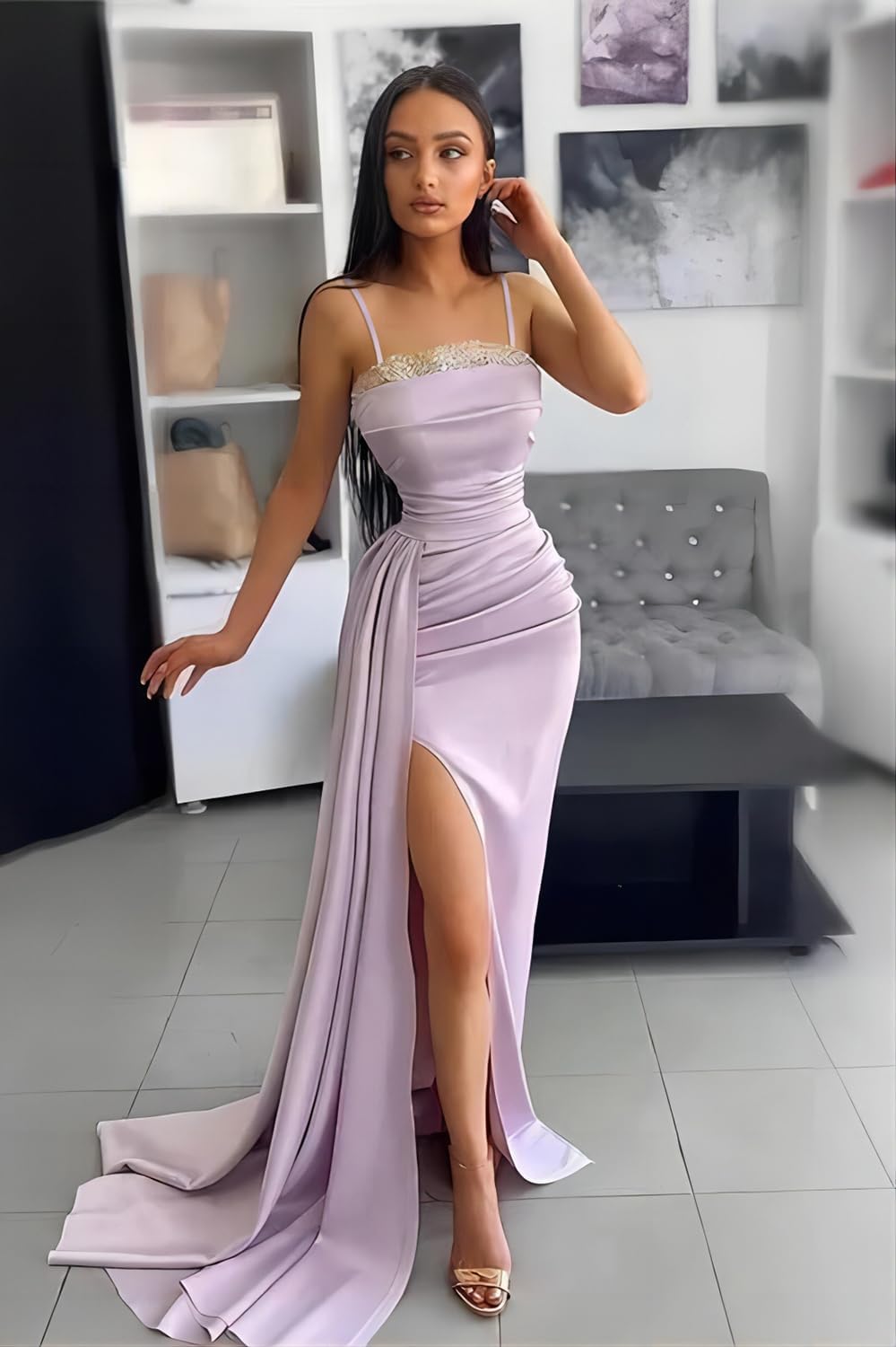 Women's Mermaid Prom Dresses Long with Slit 2025 Sequins Satin Spaghetti Straps Formal Evening Party Gown