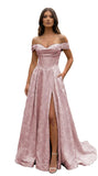 Jacquard Satin Prom Dresses Off the Shoulder Corset A Line Long Formal Gowns