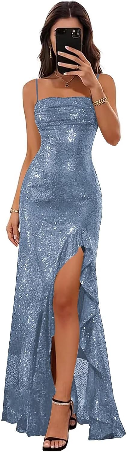 Sparkly Sequin Spaghetti Straps Prom Dresses 2026 Long Ruffles Pleated Formal Evening Dress with Slit