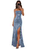 Sparkly Sequin Spaghetti Straps Prom Dresses 2026 Long Ruffles Pleated Formal Evening Dress with Slit