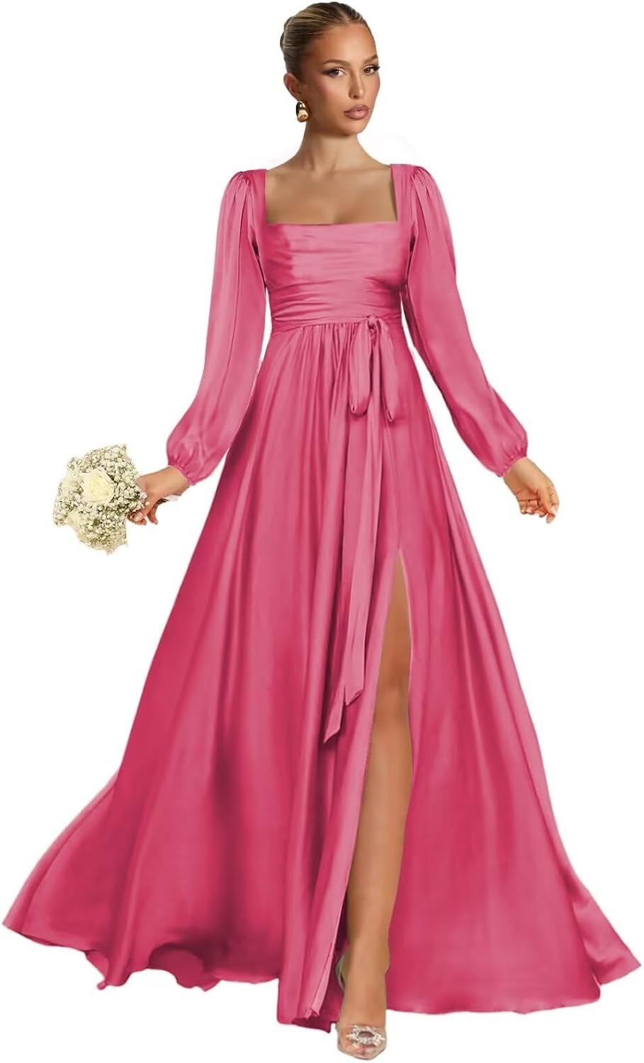 Satin Bridesmaid Dresses with Slit Long Sleeve Square Neck A Line Maxi Formal Dress